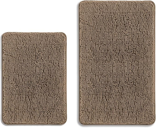 Taupe Bathroom Rugs Sets 2 Piece – Absorbent and Washable Bath Mat, Non-Slip, Thick Soft Chenille Bath Rugs for Bathroom Floor, Shower, Sink - 17" x 24"+20" x 32"