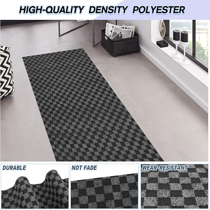 Custom Size Backed Non-Slip Area Rugs Runner, Easy Clean, Waterproof Runner Rugs for Hallway Entryway, Kitchen, Laundry, 3FT x 77FT, Gray Checkered