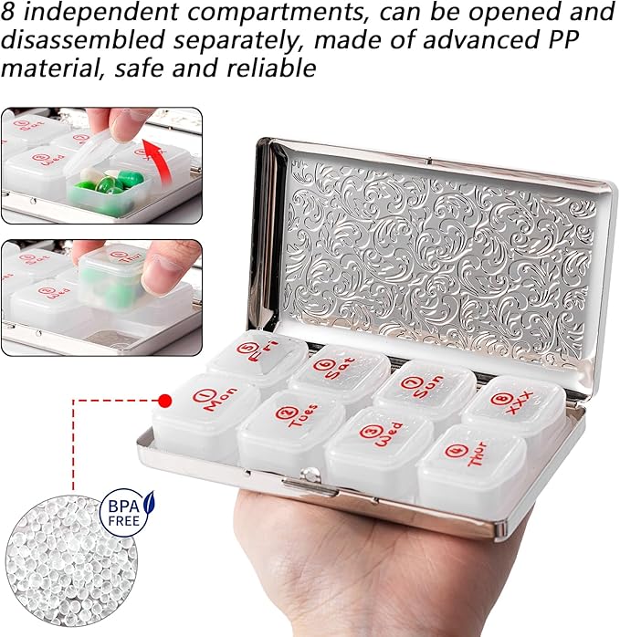 Portable 7-Day Metal Pill Case, Featuring 8 Compartments—Perfect for Travel. BPA-Free. (L-Silver, Large)