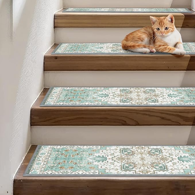 Non Slip Stair Treads for Wooden Steps 15PCS - 8"x30" Indoor Safety Carpet, Edging Mats with TPE Adhesive Backing, Pet and Elderly Friendly Stair Rugs (Cyan)