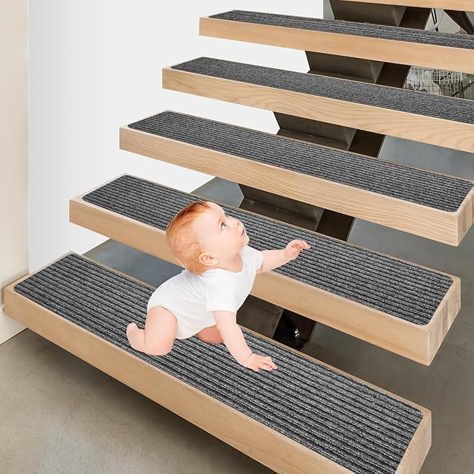 Stair Treads for Wooden Steps - Non Slip Stairs Carpet Tape Peel and Stick with Double Adhesive Tape Set of 15 Stripe- Grey