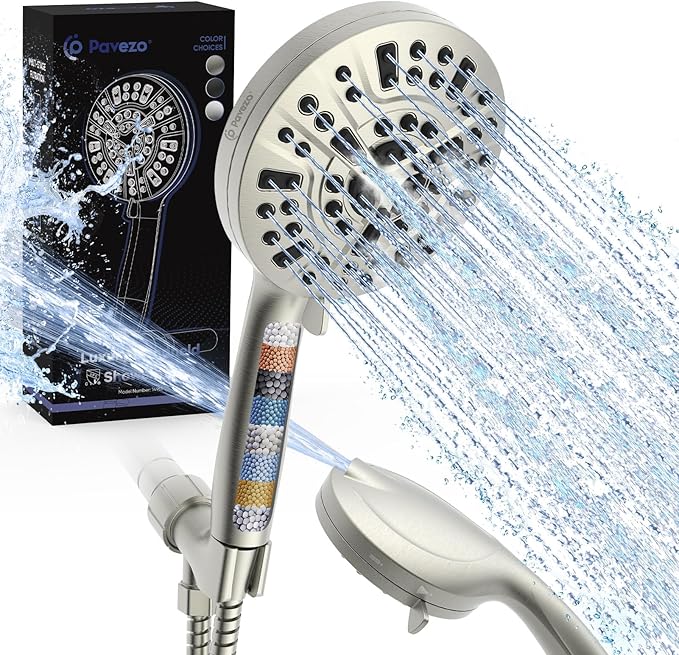 Pavezo® High Pressure Shower Head Handheld 5" Large, 10-mode Portable Detachable Shower Head with Hard Water Filter, Extra Long 60" SS Hose, Anti-clog & Powerful to Clean Tile & Pets, Brushed Nickel