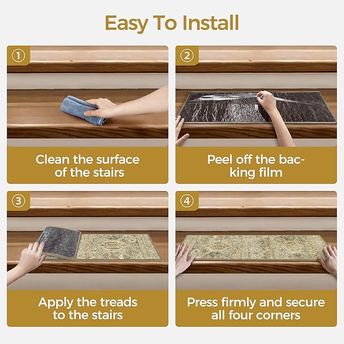 sarben Carpet Stair Treads Non Slip 15PCS, 8" X 30" Edging Stair Runner for Wooden Steps Indoor, Resistant Stair Rugs with Reusable TPE Adhesive Backing, Residue Mat for Elders, Pets, Tawny/Ivory