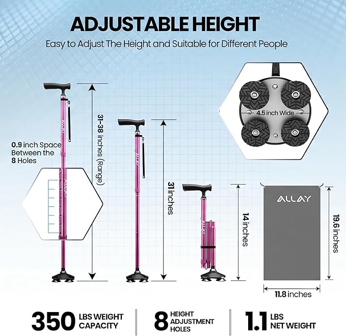 Allay Walking Canes for Men & Women - Adjustable Canes for Women for Stability, Self Standing Wide Quad Pivot Base, Light Weight, Soft Handle Grip and Travel Bag, Walking Sticks for Seniors & Adults