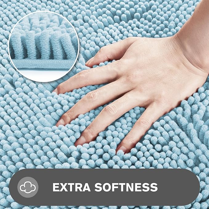 Light Blue Bathroom Rugs – Absorbent and Washable Bath Mat, Non-Slip, Thick Soft Chenille Bath Rugs for Bathroom Floor, Shower, Sink - 20" x 32"