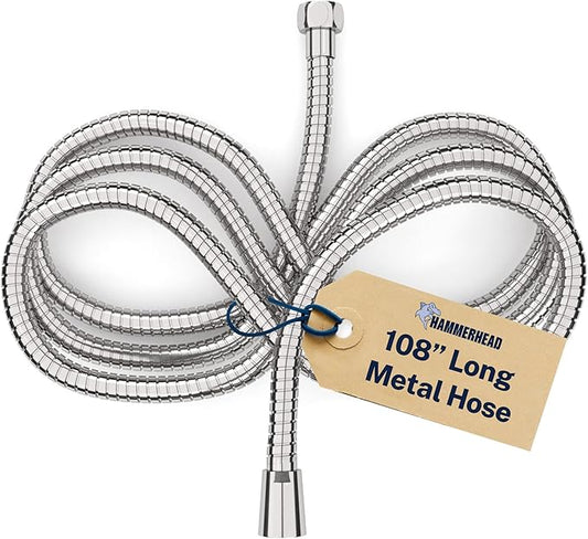 HammerHead Showers® Solid Metal 9 ft Shower Hose - CHROME – Extra Long 108” Attachment for Handheld Shower Head - Shower Hose Replacement