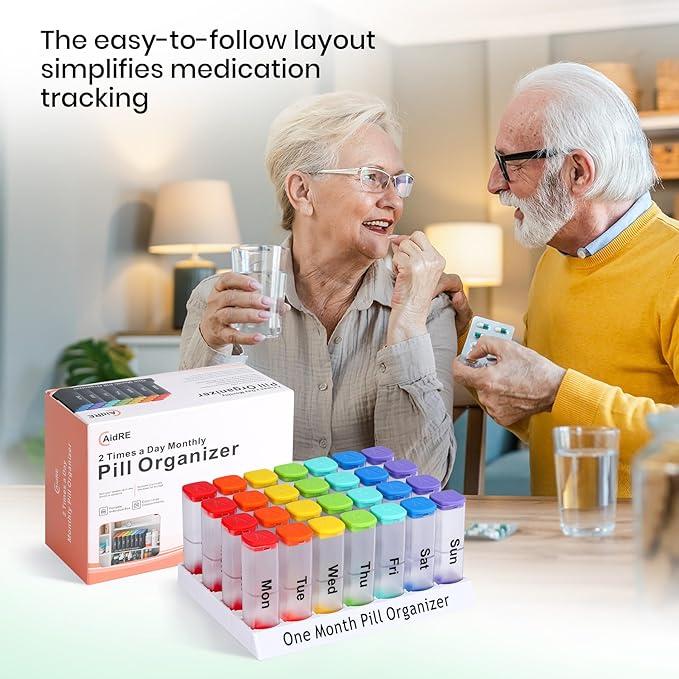 CAidRE Monthly Pill Organizer 2 Times a Day - 28 Day Pill Box AM PM, Clear One Month Pill Case for Vitamins, Supplements, Medications - Daily Medicine Organizer for Home & Travel