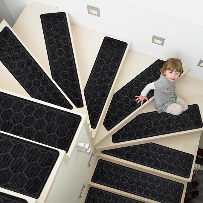 15 Pack 8 "X 30" Non-Slip Carpet Stair Treads for Indoor Wooden Steps, Made of Polyester and Reusable Adhesive, Suitable for Kids Elders and Pets（Black Hexagon）