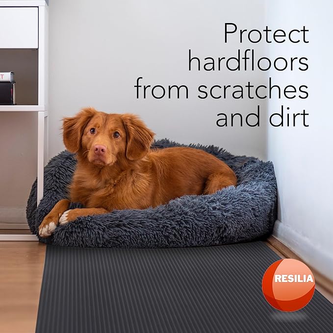 RESILIA Black Plastic Floor Runner - Embossed Wide Rib Waterproof Vinyl, Non Slip, Heavy Duty Protector Mat for Indoor Hardwood, Hard Floors, Garage, Entryway, Kitchen, & Outdoor Use, 27” x 75’