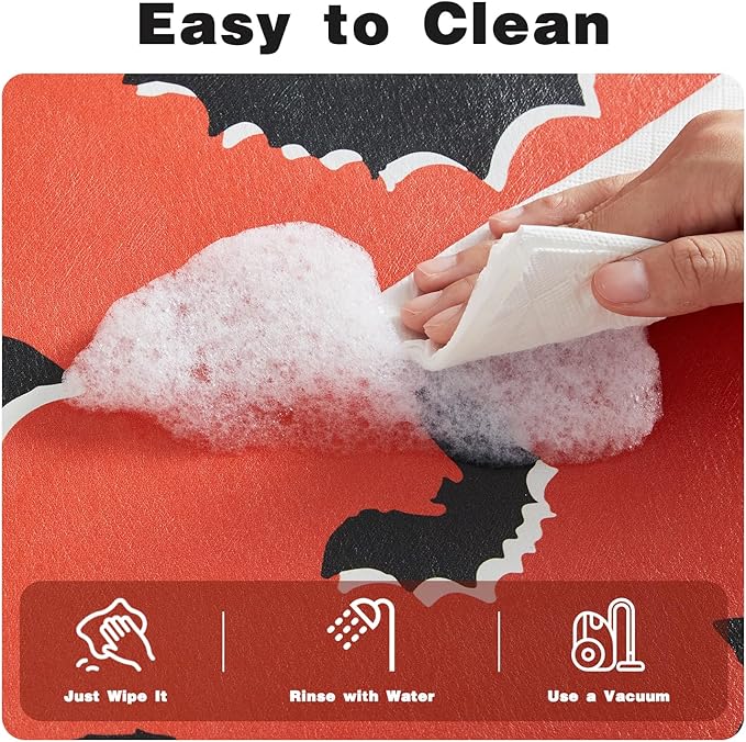 TYUU Halloween Bath Mat, Thin Halloween Bathroom Rug Non Slip Quick Dry Bat Bath Mat Fits Under Door Thin Floor Mat Halloween Decor, 24''x36'', Gothic Bats Orange