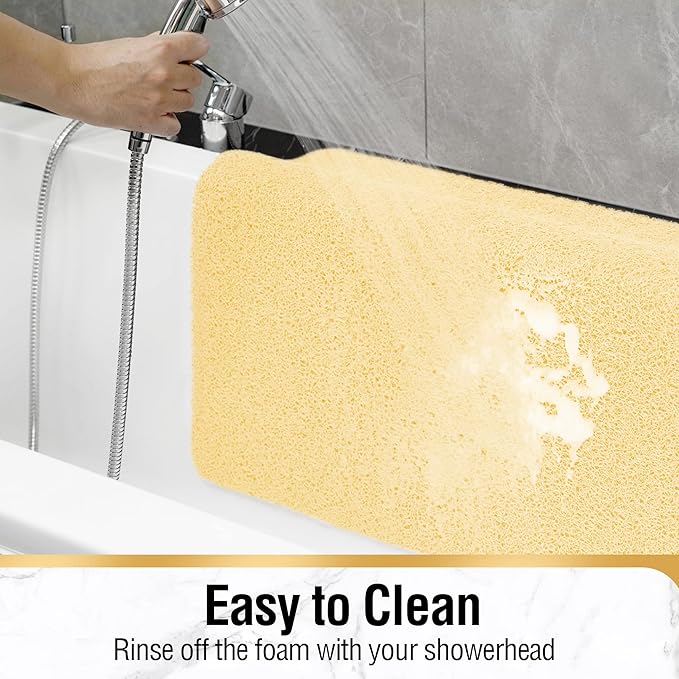 HITSLAM Non Slip Bathtub Mat 24 x 24 Inch, Extra Long Bath Mat for Tub, Soft PVC Loofah Shower Floor Mat with Drain, Quick Drying Bathroom Tub Mat for Wet Area, Without Suction Cup, Beige