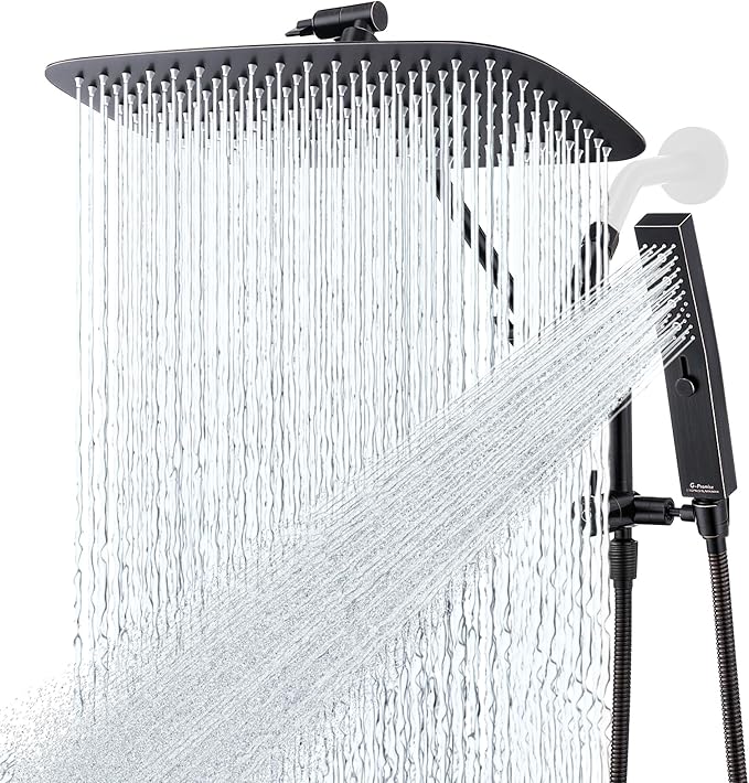 G-Promise All Metal 14 Inch Shower Head with Massage Mode Handheld, Rain Shower Head with Handheld Spray Combo, 3-Way Diverter with Pause Setting, 12 Inch Adjustable Extension Arm (Oil Rubbed Bronze)