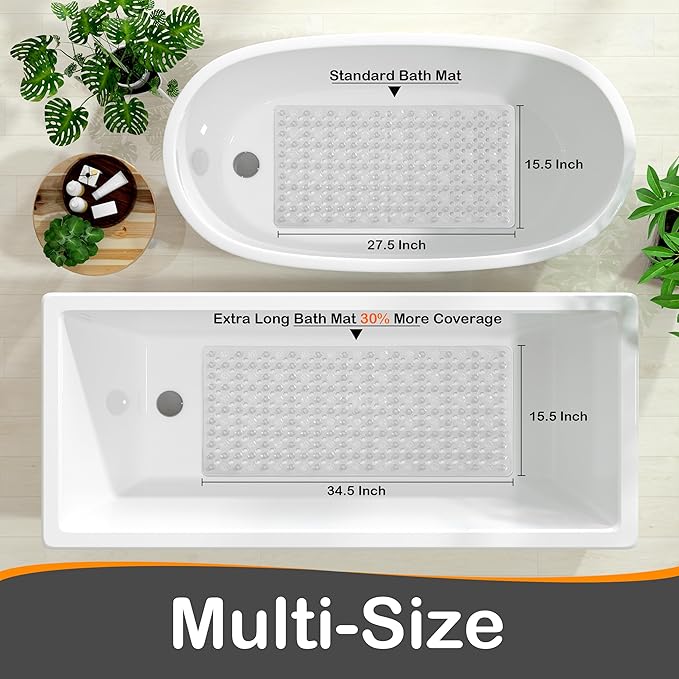 Yimobra Bath Tub Mat Non Slip, 34.5"x15.5" Long Shower Mat, Machine Washable Bathmat with Drain Holes and Suction Cups, Soft on Feet, Bathroom Essentials, Clear