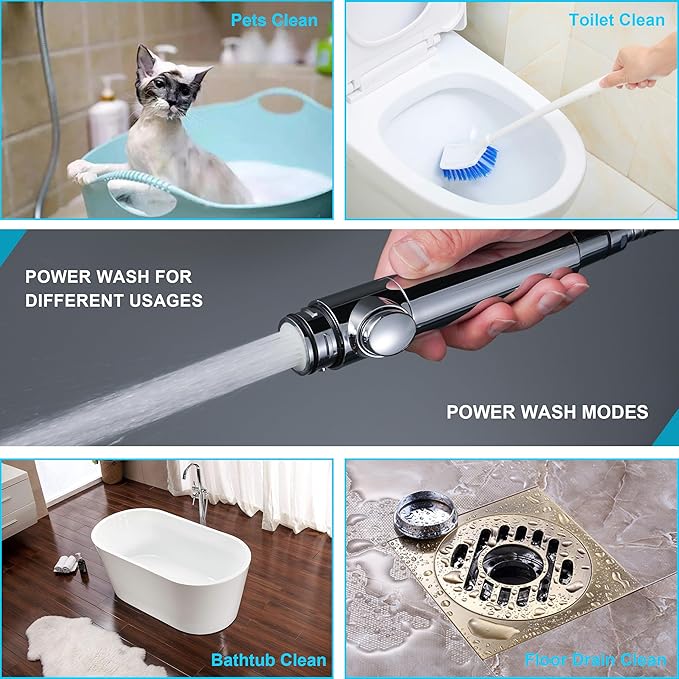 Handheld Shower Head with ON/OFF Switch,Detachable 8 Mode High Pressure Shower Wand with Long Hose and Bracket PLUS Extra Adhesive Holder for Lower Mount,Built-in Power Wash to Clean Tub,Silve