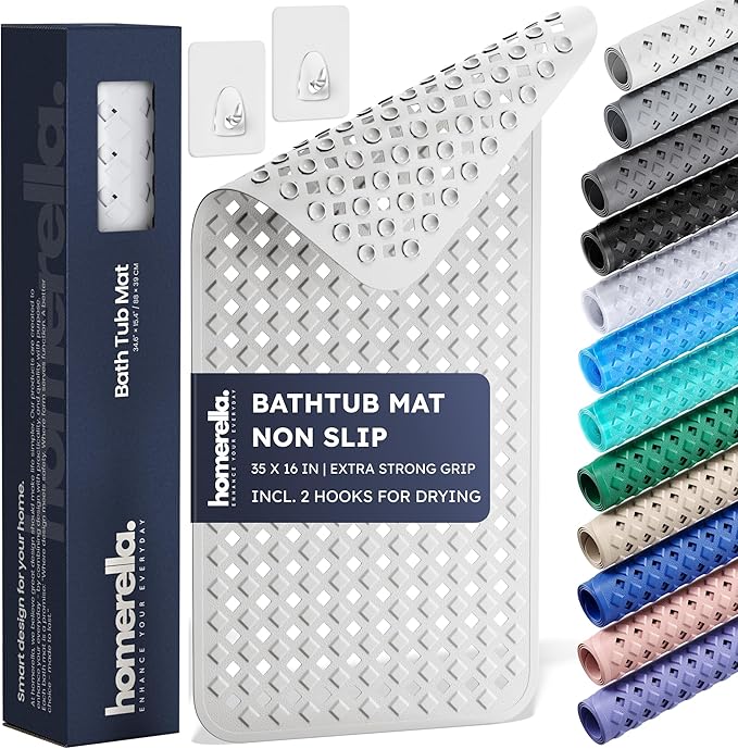 Bathtub Mat Non Slip 35x16 - homerella® Bath Mat Incl. Hooks for Drying, Extra Long, 100% BPA Free, Shower Mat Non Slip Anti Mold, Machine Washable, Shower Mats for Inside Shower Mildew Resistant