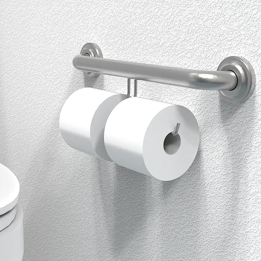 ADA Compliant Grab Bar with Toilet Paper Holder (2 Mega Rolls), 500lbs Weight Support, 1-1/4 x 16 inch for Stud Mount, Brushed Nickel