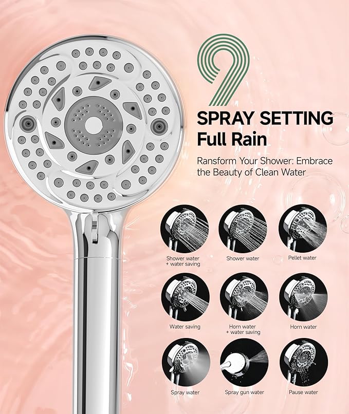 SunCleanse Filtered Shower Head with Handheld,9-Spray Setting High Pressure Detachable Shower Head with 4 Filters for Hard Water - Filter Chlorine, Improve Skin and Hair Texture(4 Filters, Chrome)