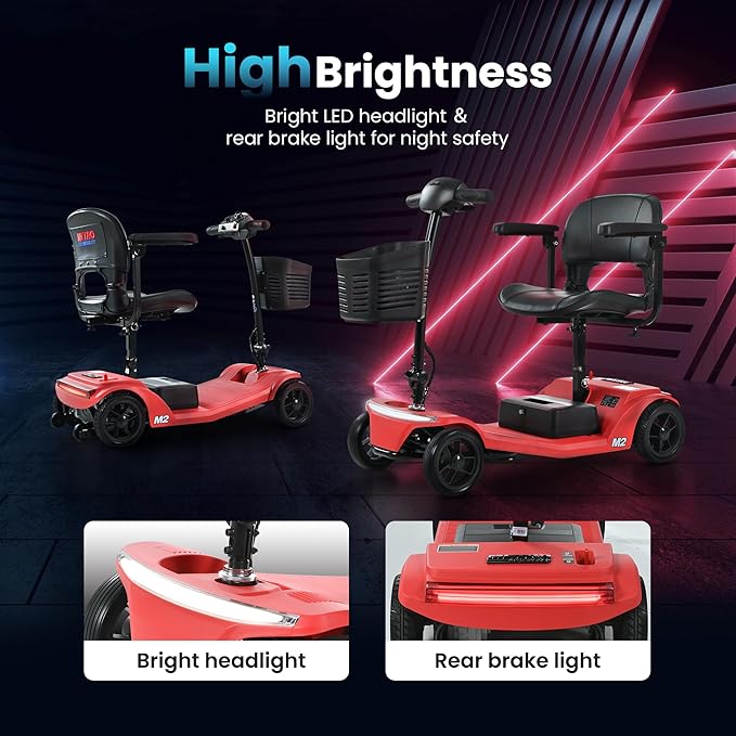 Mobility Scooter for Seniors and Adults M2 Red, USB Port for 20 Miles Long Range Foldable Electric Scooter, 260W Motor, 330 LBS Heavy Duty Capacity, Portable and Lightweight for Travel