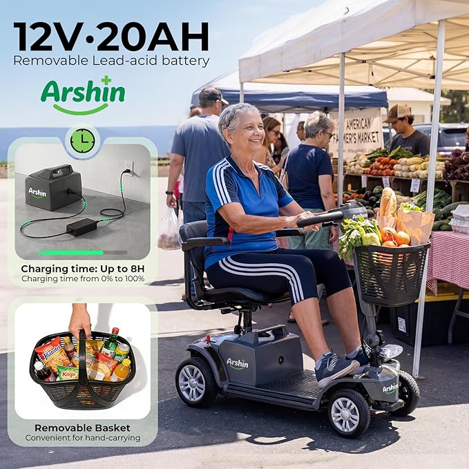 Arshin Mobility Scooter, Electric Foldable Mobility Scooter 300lbs Capacity with Detachable Battery, 15-Miles Powered Mobility Scooters for Seniors & Adults, Charger Included (A061-BLACK)