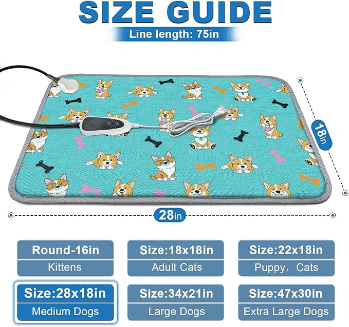 GOLOPET Dog Heating Pad 28×18 in Waterproof Heated Dog Bed,Smart Thermostat Switch with Normally Open On Function,Puppy Heating Pad with Metal Protective Tubes Added-Blue