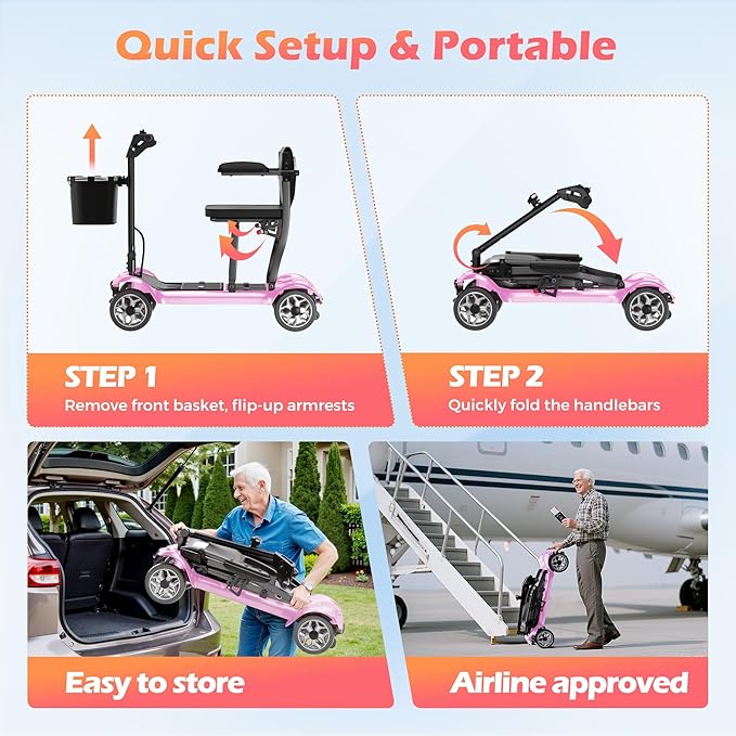 Lightweight Mobility Scooter for Adults & Seniors - Cruise & Airport Approved, 43lb Foldable Portable Motorized Scooters with Removable Lithium Battery for 12.4 Miles Travel, 300lb Capacity, Pink