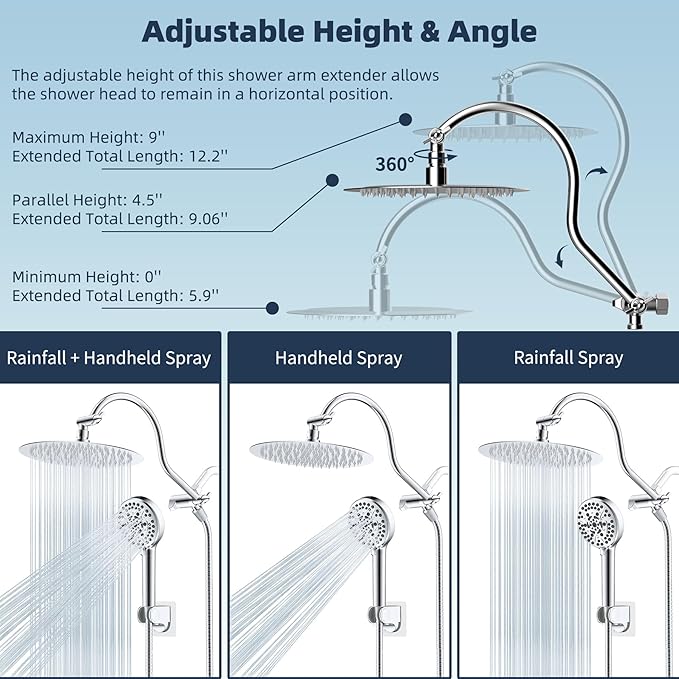 Hibbent All Metal CUPC Certified Shower Head, 10'' High Pressure Rainfall Shower Head, Handheld Showerhead Combo with 12'' Adjustable Extension Arm, 10-Spray, 71'' Shower Hose, Shower Holder, Chrome