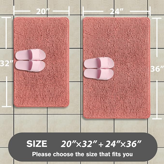Coral Bathroom Rugs Sets 2 Piece – Absorbent and Washable Bath Mat, Non-Slip, Thick Soft Chenille Bath Rugs for Bathroom, Shower, Sink - 20" x 32"+24" x 36"