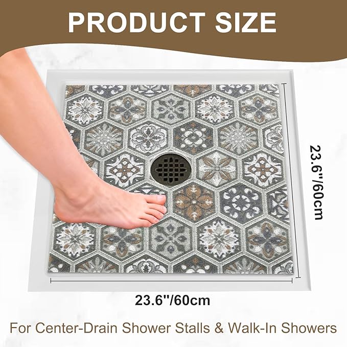 Square Shower Mat Non Slip: 24x24 Inch Extra Large Shower Mats for Inside Shower, Anti Slip Shower Floor Mat, Loofah Shower Stall Mats for Elderly, Non Slip Shower Mat with Drain Hole in Middle