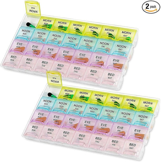 MEDca Pill Organizers - (2 Pack) Large Pill Organizer with Weekly and Daily 4-Times-A-Day Compartments for Morning, Noon, Evening, Night - BPA-Free, Portable and Travel Friendly Pill Boxes Case