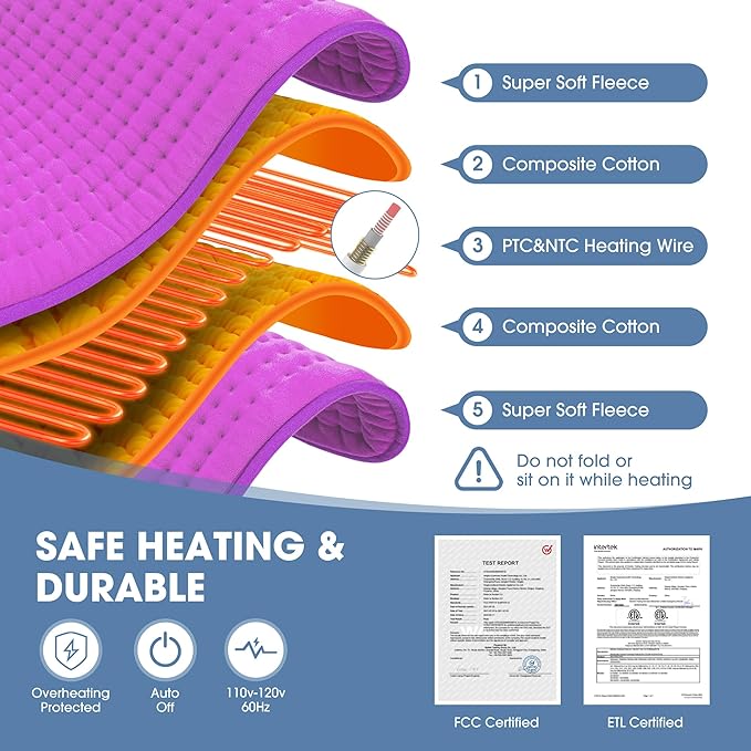 FluffyWarmth Electric Heating Pad for Back, Extra Large 17''x 33'' XXXL for Full Body,Menstrual Period Cramps,Neck Shoulder Back Pain Relief, 6 Heat Settings 4 Timers Heating Pad, Gifts for Women Men