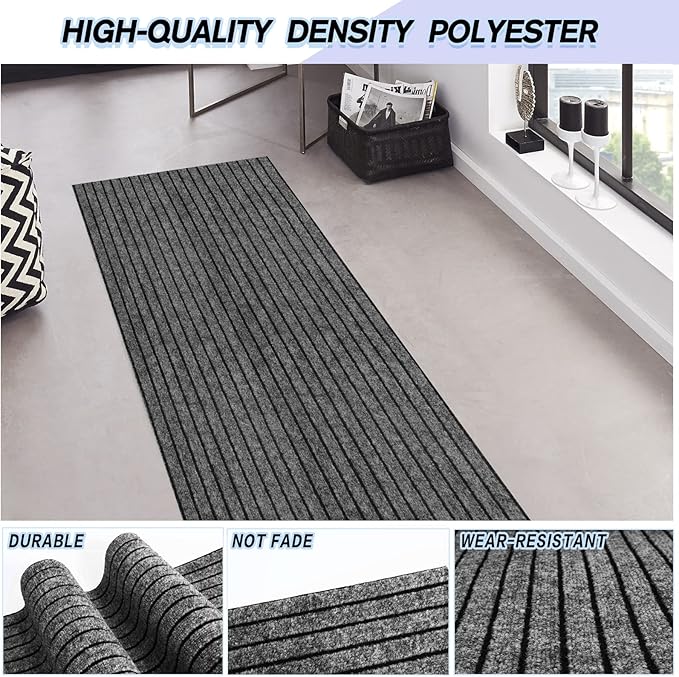 Custom Size Backed Non-Slip Area Rugs Runner, Easy Clean, Waterproof Runner Rugs for Hallway Entryway, Kitchen, Laundry, 2FT x 56FT, Gray Stripe