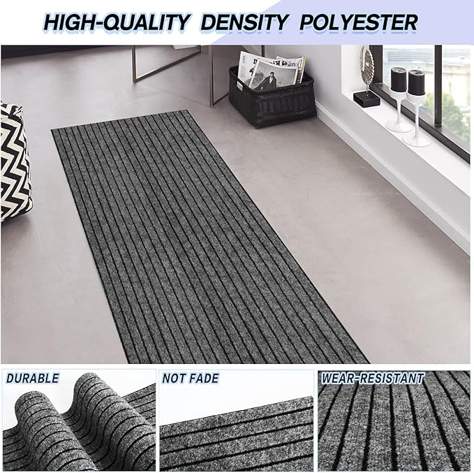 Custom Size Backed Non-Slip Area Rugs Runner, Easy Clean, Waterproof Runner Rugs for Hallway Entryway, Kitchen, Laundry, 2FT x 65FT, Gray Stripe