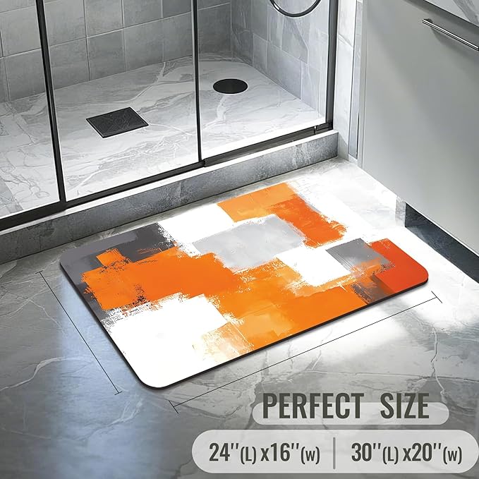 Quick Dry Bath Mat for Bathroom,Super Absorbent Orange and Gray Welcome Bath Rug Non-Slip Rubber,Machine Washable Bathroom Floor Mat for Shower, Tub, Sink Area Abstract Art Painting 16x24