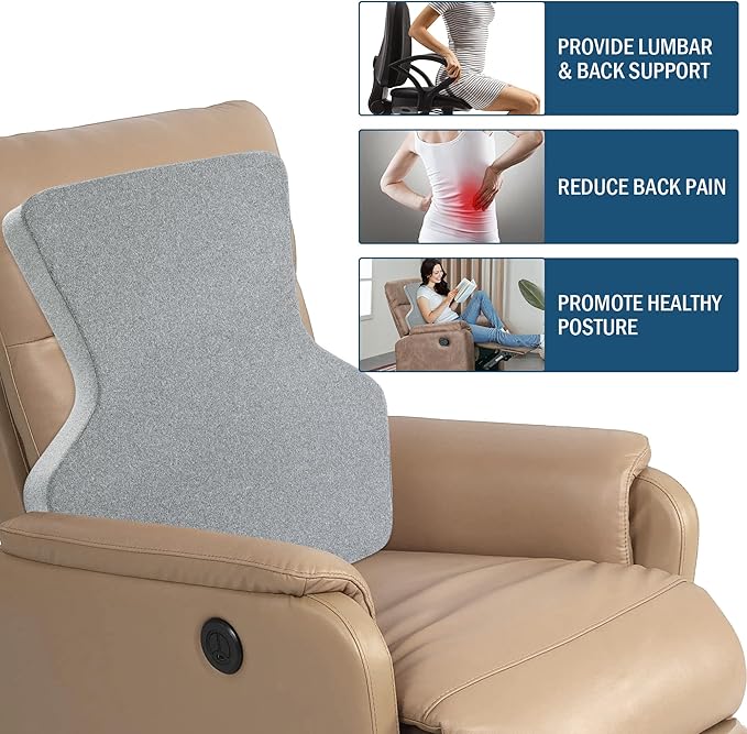 HOMBYS Ergonomic Lumbar Support Pillow for Recliner,Memory Foam Chair Back Support Cushion for Elderly,Extra Large Lumbar Support Pillow,Low Back Pain Relief Cushion,Grey