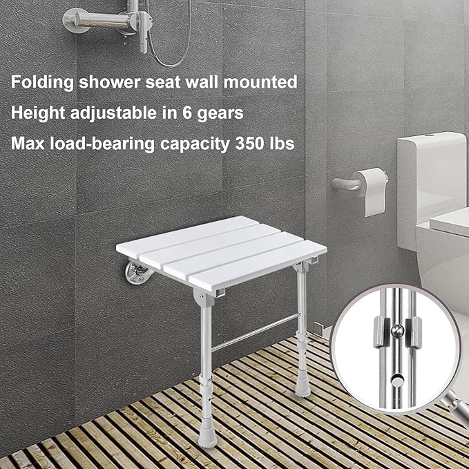 Folding Shower Seat Wall Mounted with Legs, Foldable Shower Chair for Inside Shower, Fold Down Shower Bench for Seniors (White, Height Adjustable)