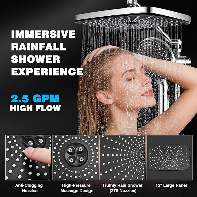 Rainfall Shower Head With Handheld Combo, Adjustable Drivse Filtered Shower Heads with Handheld Spray Combo, One-piece High Pressure, Built-in Magnetic Docking and Power Jets
