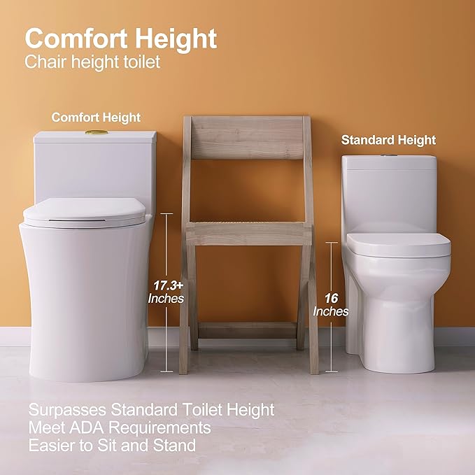 HOROW T0338WG One Piece Toilet with Gold Button, Elongated Toilet with Comfort Seat Height, ADA Chair Height 17.3", Dual Flush 0.8/1.28 GPF, Standard White Toilet Bowl, Gold Tank Button