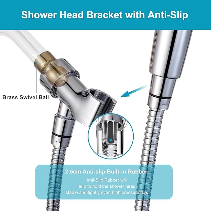 Handheld Shower Head with ON/OFF Switch,Detachable 8 Mode High Pressure Shower Wand with Long Hose and Bracket PLUS Extra Adhesive Holder for Lower Mount,Built-in Power Wash to Clean Tub,Silve