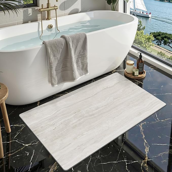 LUMI Ultra Thin Bath Mat, Super Absorbent Quick Dry Bathroom Rugs, Non-Slip Bathroom Mats, Marble Bathmats Fit Under Door, Bathtub, Sink, Shower Room, 24"x44", Light Grey