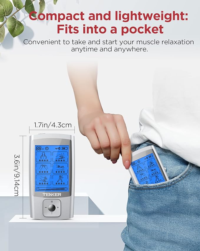 TENKER TENS Unit Muscle Stimulator, 24 Modes EMS Machine for Pain Relief Therapy/Pain Management, Rechargeable Electronic Pulse Massager with 2"x2" and 2"x4" Electrode Pads (Silver)