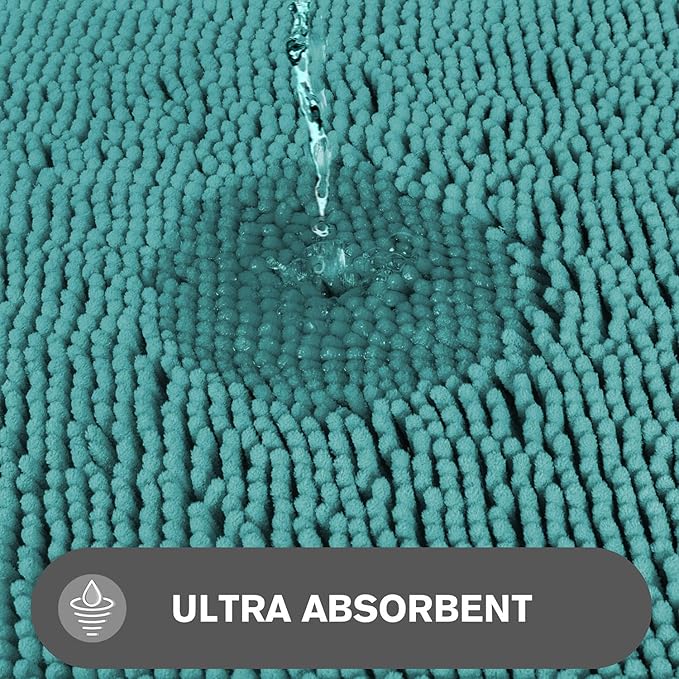Teal Bathroom Rugs – Absorbent and Washable Bath Mat, Non-Slip, Thick Soft Chenille Bath Rugs for Bathroom Floor, Shower, Sink - 17" x 24"