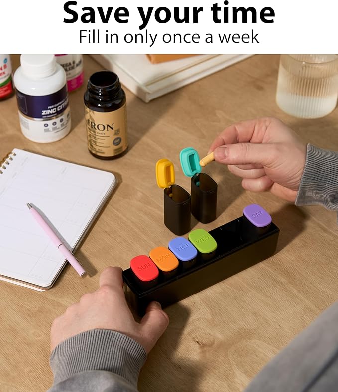 Weekly Pill Organizer 1 Time a Day - 7 Day Travel Pill Case with Detachable Daily Compartments, Secure Silicone Lids, Easy Open for Seniors & Arthritis, Durable Compact Vitamin & Medication Organizer