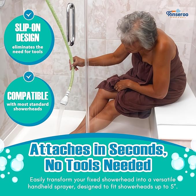 Rinseroo: Slip-On Handheld Shower Attachment Hose w/Spray Head-for Seated Bathing. Converts Fixed Shower Head into Handheld Bather. Portable, No-Install Shower Hose Wand for Seniors, RV. Gravity fed.