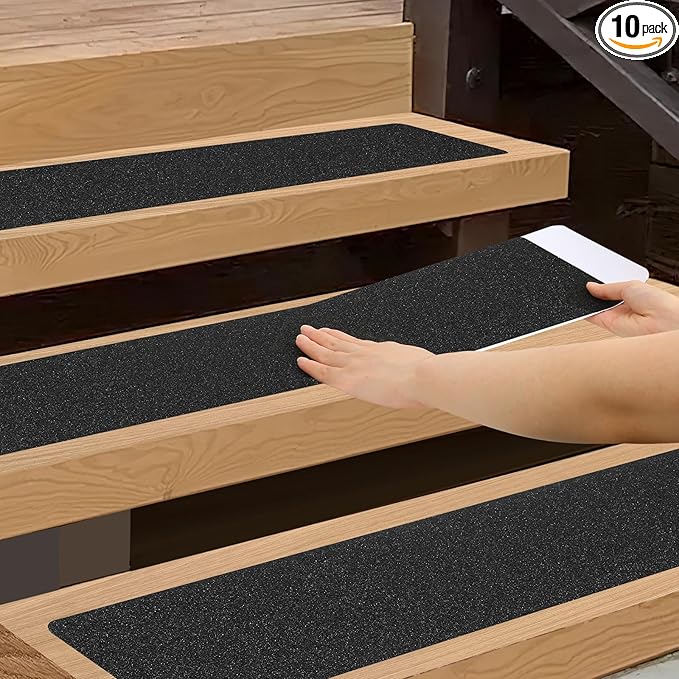 SMILOOL Outdoor Stair Treads Non-Slip Step Strips for Wooden Steps 10 Pack 6” x 30” Anti Slip Grip Tape Precut for Outside Stairs, Non Skid Stair Tread Mats Weather Resistant for Outdoors, Black