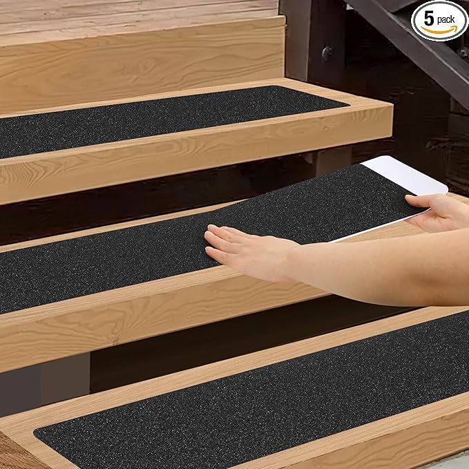 SMILOOL Outdoor Stair Treads Non-Slip Step Strips for Wooden Steps 5 Pack 6” x 30” Anti Slip Grip Tape Precut for Outside Stairs, Non Skid Stair Tread Mats Weather Resistant for Outdoors, Black
