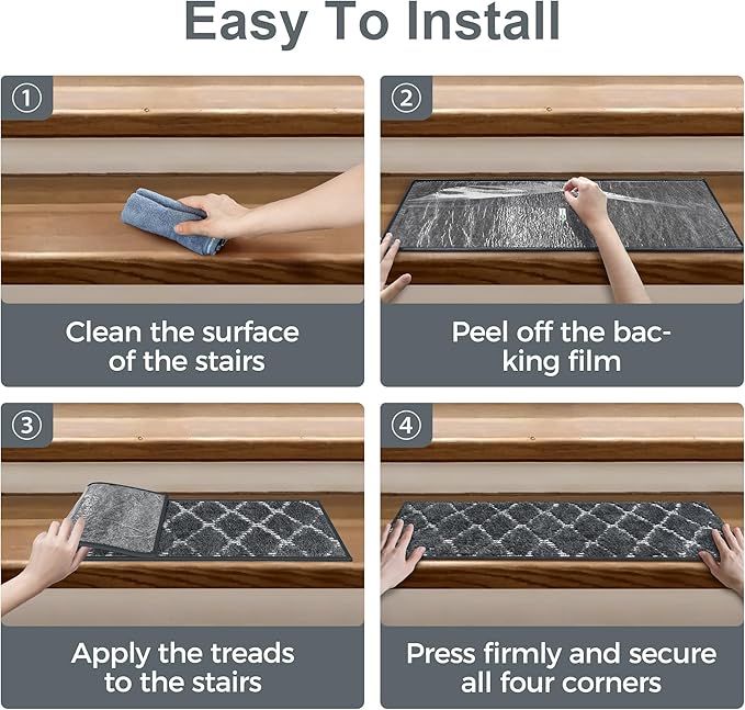 Non Slip Microfiber Stair Treads for Wooden Steps, 15PCS 8"x30" Indoor Safety Carpet, 3D Cut & Loop Tufted Edging Mats with TPE Adhesive Backing, Pet & Elderly Friendly Stair Rugs (Charcoal/White)