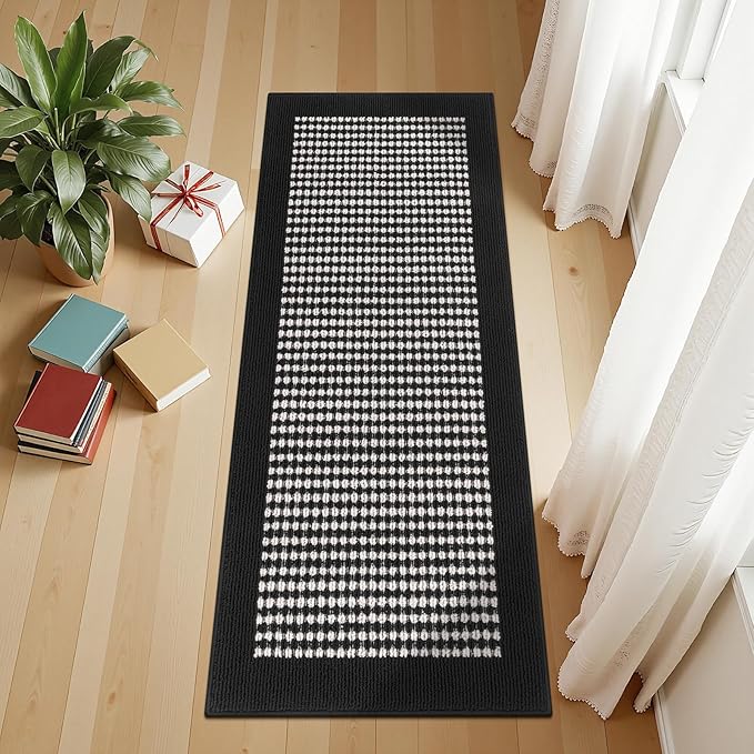 Ileading Laundry Room Runner Rug 2x5ft Non Slip Farmhouse Kitchen Floor Mats with Rubber Backing Machine Washable Indoor Doormat Low-Profile Carpet for Hallway Entryway(Black&White)