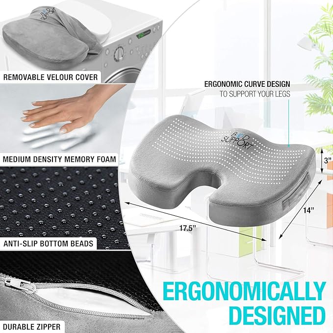 Seat Cushions for Office Chairs with Lumbar Support, Desk Chairs, and Car Seats - Adjustable Straps and Non-Slip Ergonomic Design for Tailbone and Lower Back Pain Relief for All Day Use