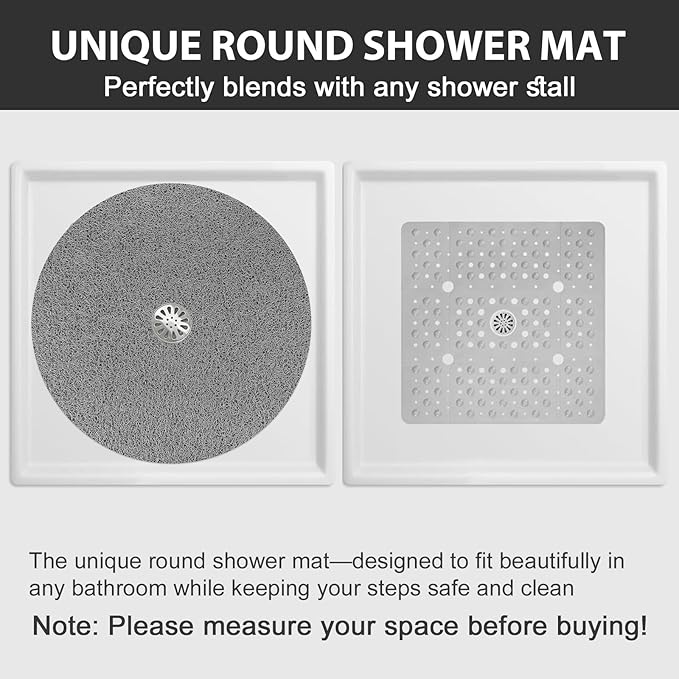Non Slip Shower Mat: 32x32 inch Round Shower Mats for Inside Shower with Central Drain Hole, Soft Loofah Shower Floor Mat for Standing Shower Stall, RV, Tile Fiberglass Shower Pan, Quick Dry