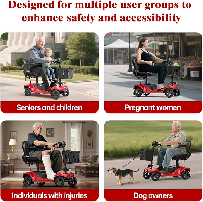 Mobility Scooter for Adults,4 Wheel Mobility Scooter,15 Miles Range,300WHBattery,300LBS Capacity,Lightweight andPortable,with LED Headlights andBasket,Charger Included（Red）